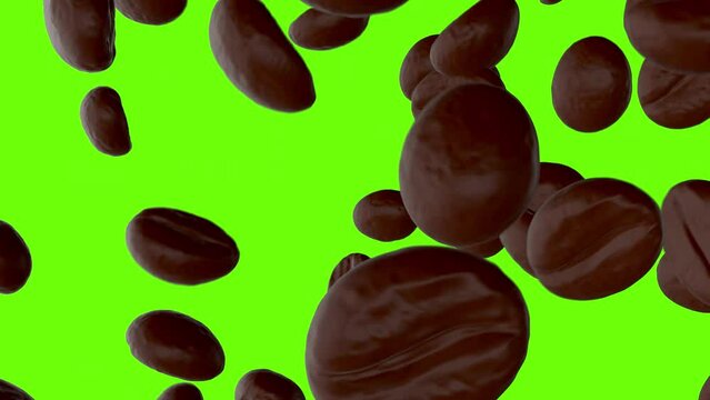 levitating 3D coffee beans on a green screen. Video transition with coffee beans to advertise invigorating drinks and special offers. 4k stock video with alpha channel in 60 frames.