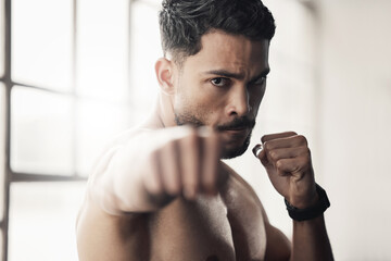 Energy, power and boxing by man fist punch in a gym or fitness studio. Portrait of athletic boxer...