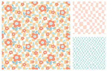 Set of floral seamless patterns in retro style. Vector illustration. Trendy design for any purpose.