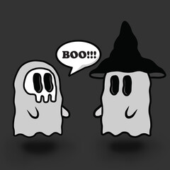 Two cute ghosts costumes halloween speech bubble boo art 40s cartoon stylized