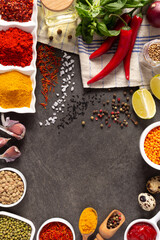 Vegetables with herbs and spice at stone background table. Natural healthy homemade food concept