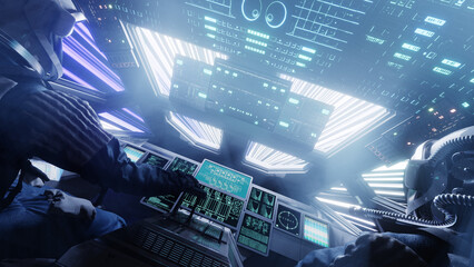 Sci fi spaceship cockpit flying through space at lightspeed © Crane Design