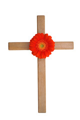 Wood cross with orange flower  isolated on transparency photo png file 