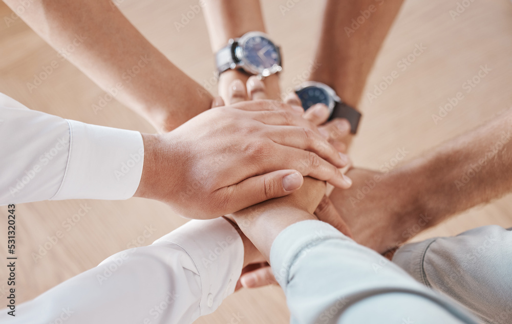 Aufkleber business people, hands and team building motivation in support, trust and collaboration circle in of