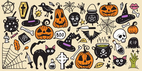 Bright collection of Halloween sticker sketch set. Big set of hand drawn doodle. Collection halloween and magic elements. Pumpkins, ghost, skull, black cat, pot, hat.