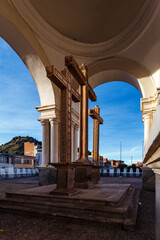 Big crosses at the Basilica of Our Lady of Copacabana, Bolivia, South America