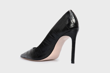 Black pointy toe women's shoe with high heels isolated on white background. Female classic stiletto...