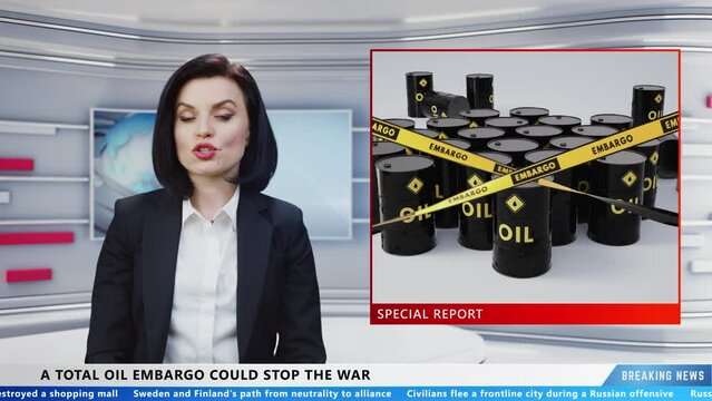 Woman TV presenter in television live news program commenting political news about war in Ukraine and total oil embargo