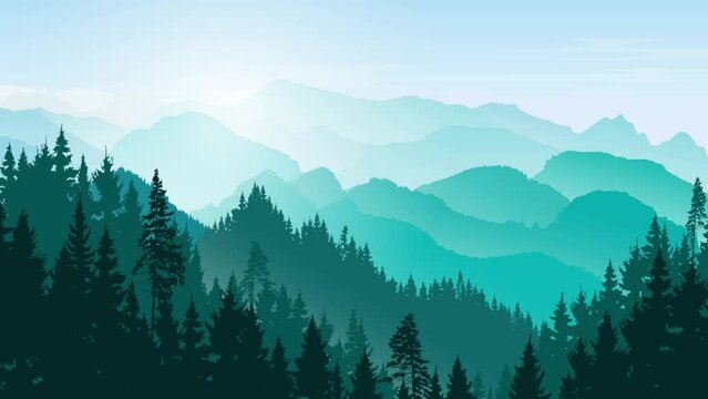 Animated Mountain Landscape. Mountains And Coniferous Forest. Vector Silhouette. Christmas Forest. Natural Background, Banner For Web, Internet Site. Tourism And Travelling. 2D Video