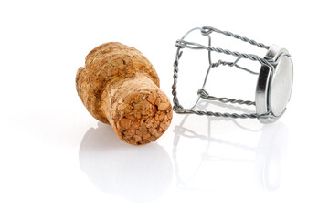 Cork from a bottle of champagne or sparkling wine, close-up photo of a cork isolated on a white background.