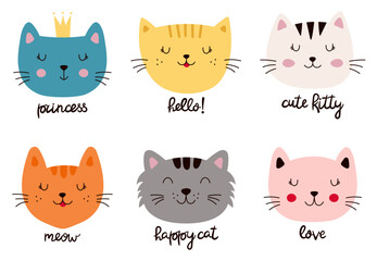 Set of vector cute cats with captions. Faces of beautiful cats for postcards, t-shirts, stationery and packaging