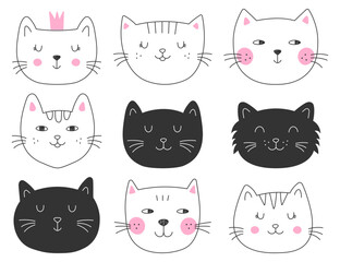 Set of vector cute cats. Faces of beautiful cats for postcards, t-shirts, stationery and packaging. Outline hand-drawn cats. Vector illustrations doodles with kittens