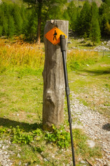 wooden pole with trekking pole in an alpine valley