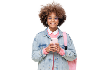 African american smiling female college student with afro hairstyle, trendy glasses and pink backpack holding phone, looking at camera
