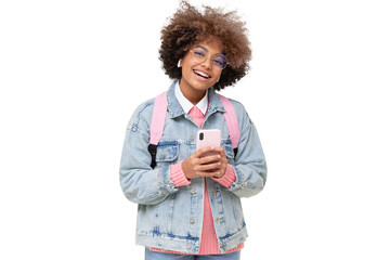 Funny african american laughing school girl with afro hairstyle and trendy glasses holding phone,...