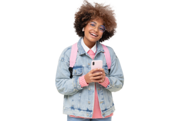 Funny african american laughing school girl with afro hairstyle and trendy glasses holding phone, looking at camera, isolated