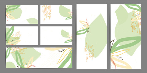 Painting art pastel muted pale calm tones card templates set. Collection of romantic invitations abstraction background line color botanical illustration flowers abstract