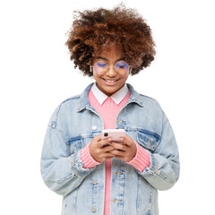 African american teenage girl with afro hairstyle holding smartphone with both hands, chatting with friend, smiling, using social media app