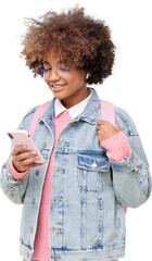 African american school girl with afro hairstyle and backpack holding phone with one hand, texting...