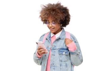 African school girl with afro hairstyle and backpack holding smartphone with one hand, chatting with friend, using social media app, isolated