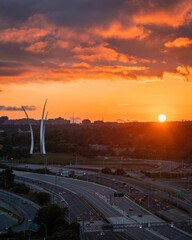 High-angle vertical shot of a sunset over the US Air Force Memorial and Arlington Cemetery