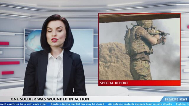 Female TV presenter in special report on live news television channel talking about wounded soldier during the military actions