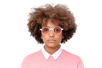 Upset african teen girl wearing pink glasses with sad face and bad mood