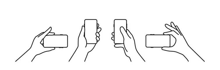 Outline style hand holding mobile phone vector icons set with line editable stroke.