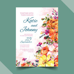 hand painted colorful floral wedding invitation vector design illustration