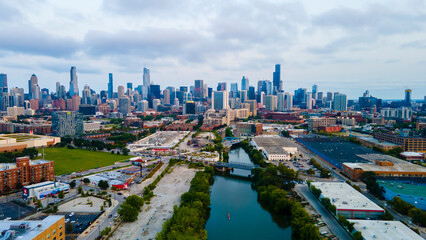 Fototapeta na wymiar Chicago, IL USA September 15th 2022 : establishing aerial drone view image of Chicago metropolitan city area. the buildings architecture look great for tourist to come and see the skyline