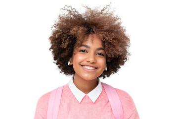 Close-up portrait of smiling african schoolgirl wearing pink sweater and backpack, isolated