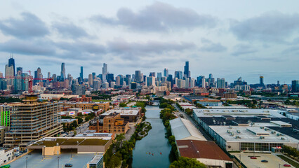 Fototapeta na wymiar Chicago, IL USA September 15th 2022 : establishing aerial drone view image of Chicago metropolitan city area. the buildings architecture look great for tourist to come and see the skyline