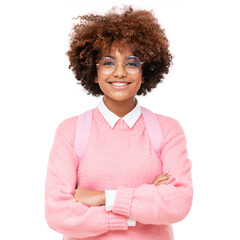 Pretty smiling african american teen girl, high school or college student standing with crossed arms, isolated