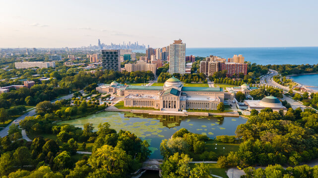 Chicago, IL USA September 16th 2022: Aerial drone footage of the Chicago Museum of Science and industry during the summer time. the view from above is beautiful with the lake water full of life