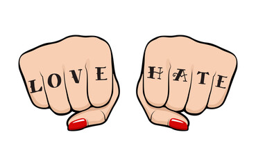 Female fist with Love Hate tattoo on fingers, front view of a woman fist with tattoo and polished nails