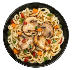 Instant noodles with grilled mushrooms in black bowl, top view