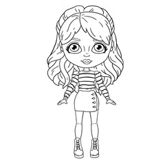 vector Coloring page with cute doll girl