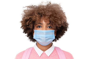 Close-up studio portrait of african american school girl or college student with curly afro hair wearing medical mask, isolated
