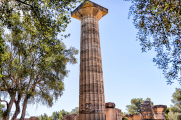 Olympia, Greece - July 19, 2022: Landscapes and ancient relics at the site of the original Olympic...