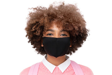 Headshot of smiling african american school girl or college student with curly afro hair wearing black cotton mask
