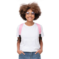 Portrait of smiling african school girl wearing white t-shirt, glasses and backpack, isolated