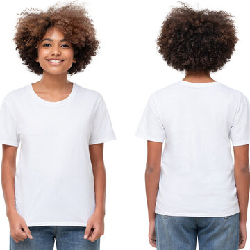 Front and back view of african american girl wearing blank t-shirt with copy space