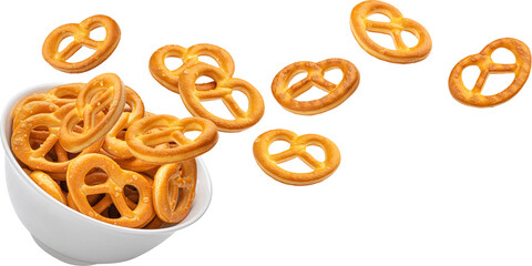 Falling salted pretzels in bowl isolated
