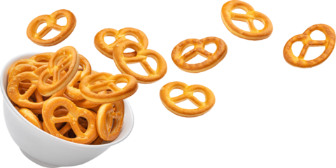 Falling salted pretzels in bowl isolated