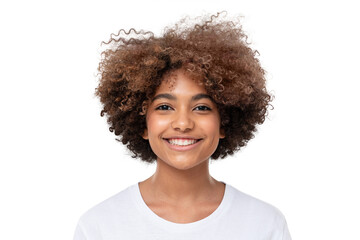 Close-up portrait of smiling african school girl in white t-shirt looking at camera, isolated