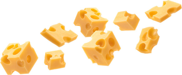 Swiss cheese cubes isolated - obrazy, fototapety, plakaty