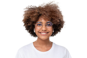 Portrait of smiling african student girl in white t-shirt and trendy glasses, isolated