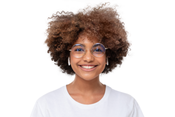 Portrait of smiling african student girl in white t-shirt and trendy glasses, isolated