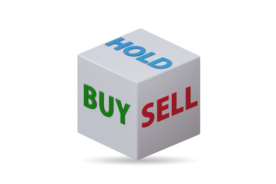 Dice with three options of buy sell and hold - 3d rendering