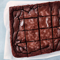 chocolate brownie on light background delicious cut into pieces.